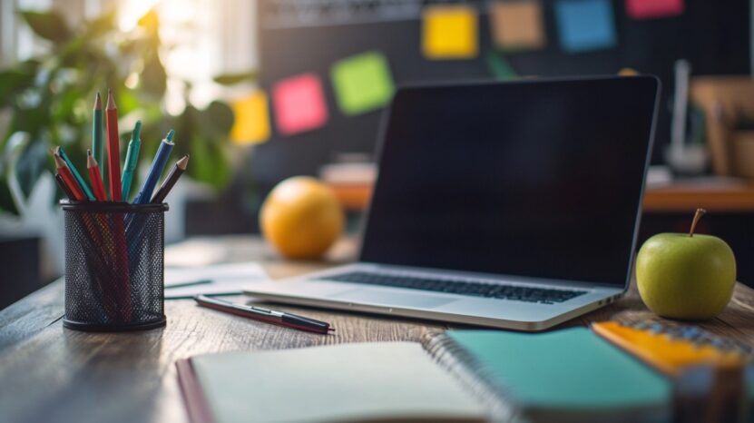 A laptop on a wooden desk surrounded by colorful pencils in a holder, notebooks, a green apple, and a blurred background with sticky notes on a blackboard