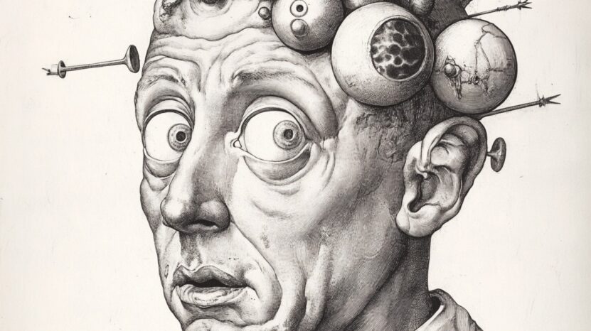 Surreal black-and-white illustration of a man's exaggerated head with various objects like eyeballs and nails embedded in it, symbolizing complex thought and mental testing
