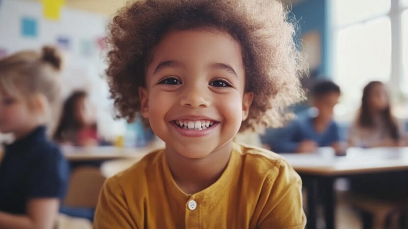 Smiling young child in a classroom environment, wearing a yellow shirt, with other children blurred in the background