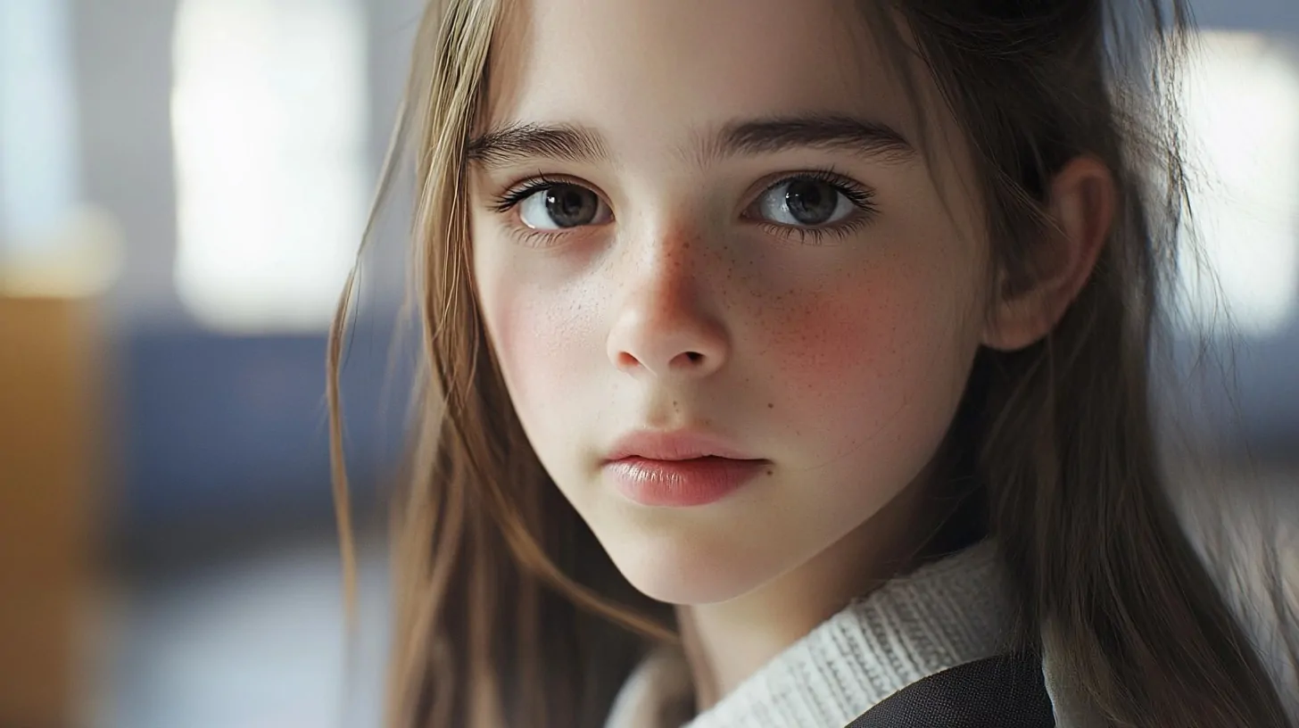 Close-up of a thoughtful school-age girl with a backpack, standing indoors