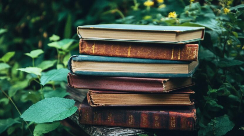 A stack of worn books sitting on a wooden bench surrounded by green plants, symbolizing flexible and natural learning