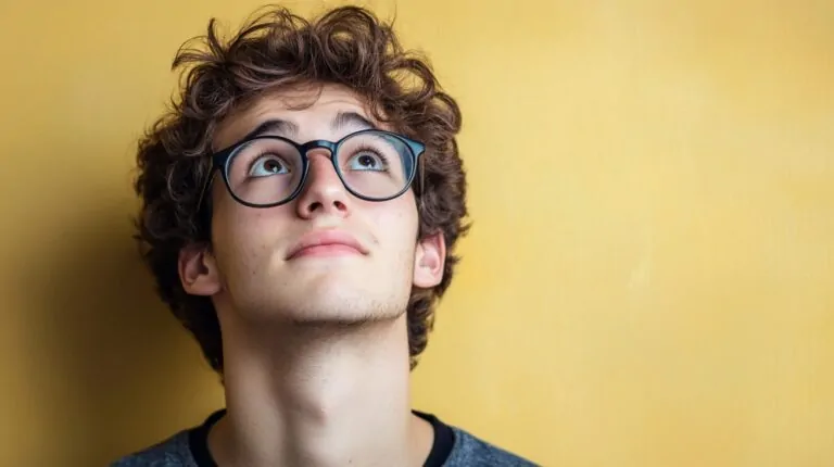 Young man with curly hair and glasses looking up thoughtfully against a yellow background