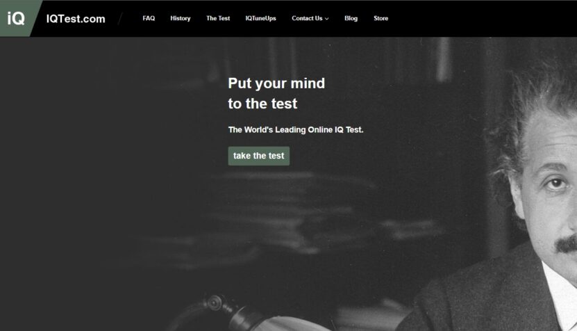 Homepage of IQTest.com with a grayscale photo of Albert Einstein and the slogan “Put your mind to the test