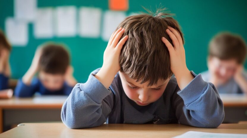 A young boy in a classroom holds his head in frustration, looking down at his desk, with other children in the background appearing similarly distressed