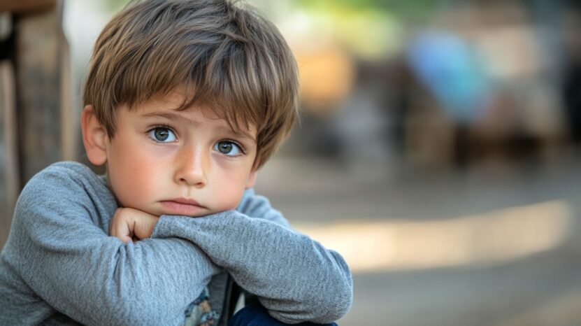 A young boy with sad eyes rests his chin on folded arms, gazing thoughtfully ahead, suggesting a moment of quiet reflection or emotional struggle