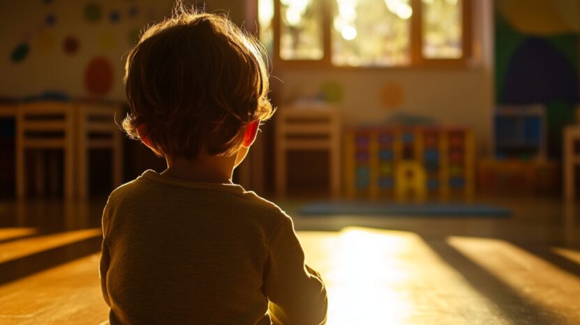 A young child sitting in a sunlit classroom, facing away, highlighting early education