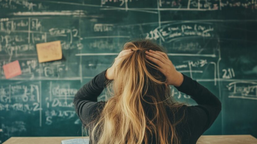 A student with long blonde hair holds their head in frustration while facing a chalkboard filled with complex equations and notes, highlighting academic stress