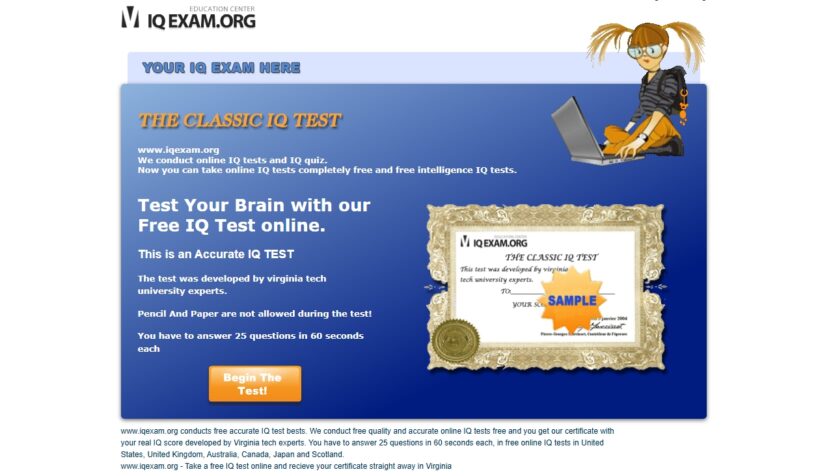 Screenshot of IQExam.org promoting a free online IQ test with 25 timed questions and a printable certificate