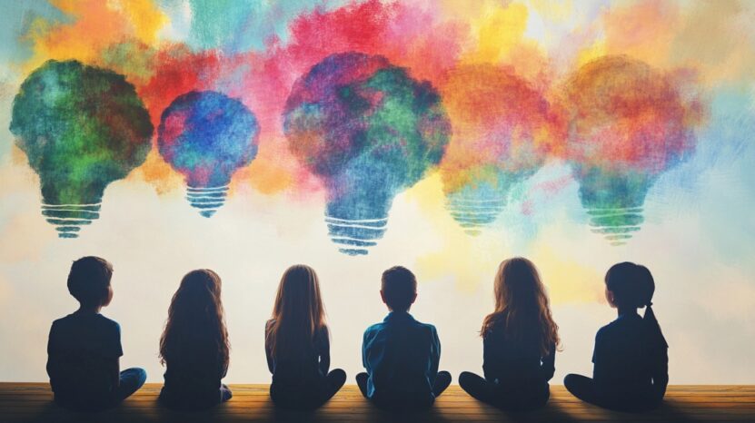 Six children sit facing a colorful wall mural featuring large, vibrant light bulbs symbolizing creativity, ideas, and potential, highlighting the power of imagination and learning