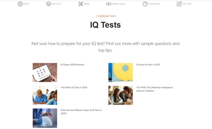 Webpage showing a list of IQ test resources for 2025, including reviews, types of tests, and preparation tips for kids and adults