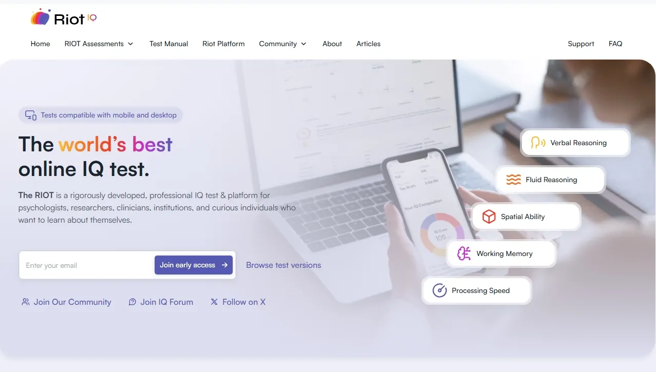 Screenshot of the RIOT IQ test homepage showing test categories like verbal reasoning, spatial ability, and processing speed with a user holding a phone and laptop