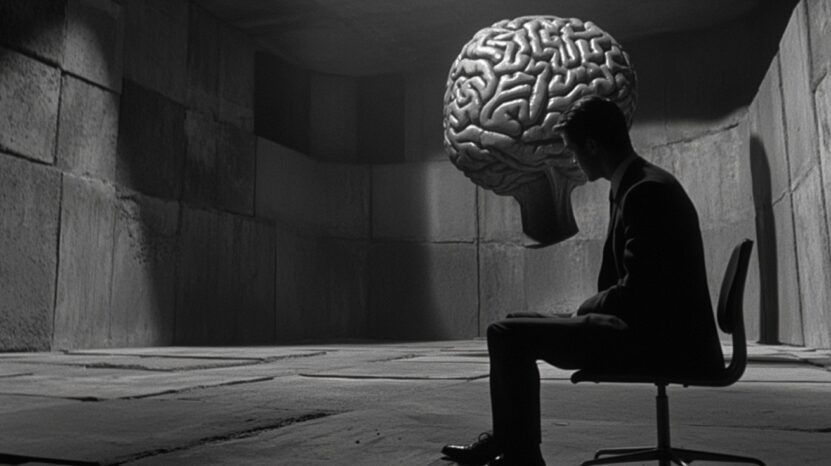 A man in a suit sits in a dark, surreal room, staring at a large floating brain, symbolizing contemplation of intelligence and online IQ tests