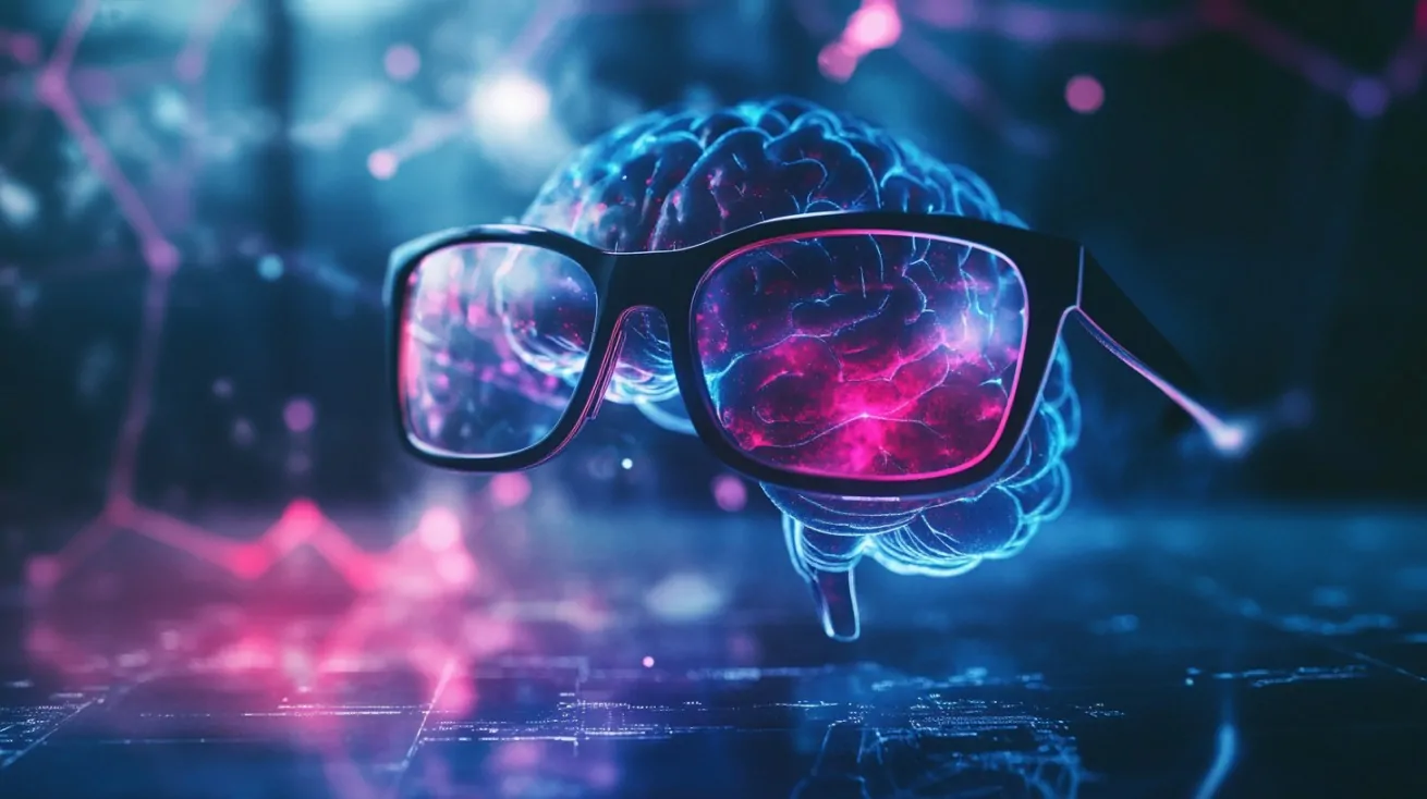 Digital illustration of a glowing brain wearing glasses, symbolizing intelligence and cognitive analysis in a futuristic setting