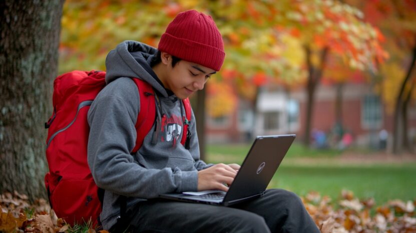 Smiling student in a red beanie using a laptop while sitting on the ground outdoors in a park with autumn leaves