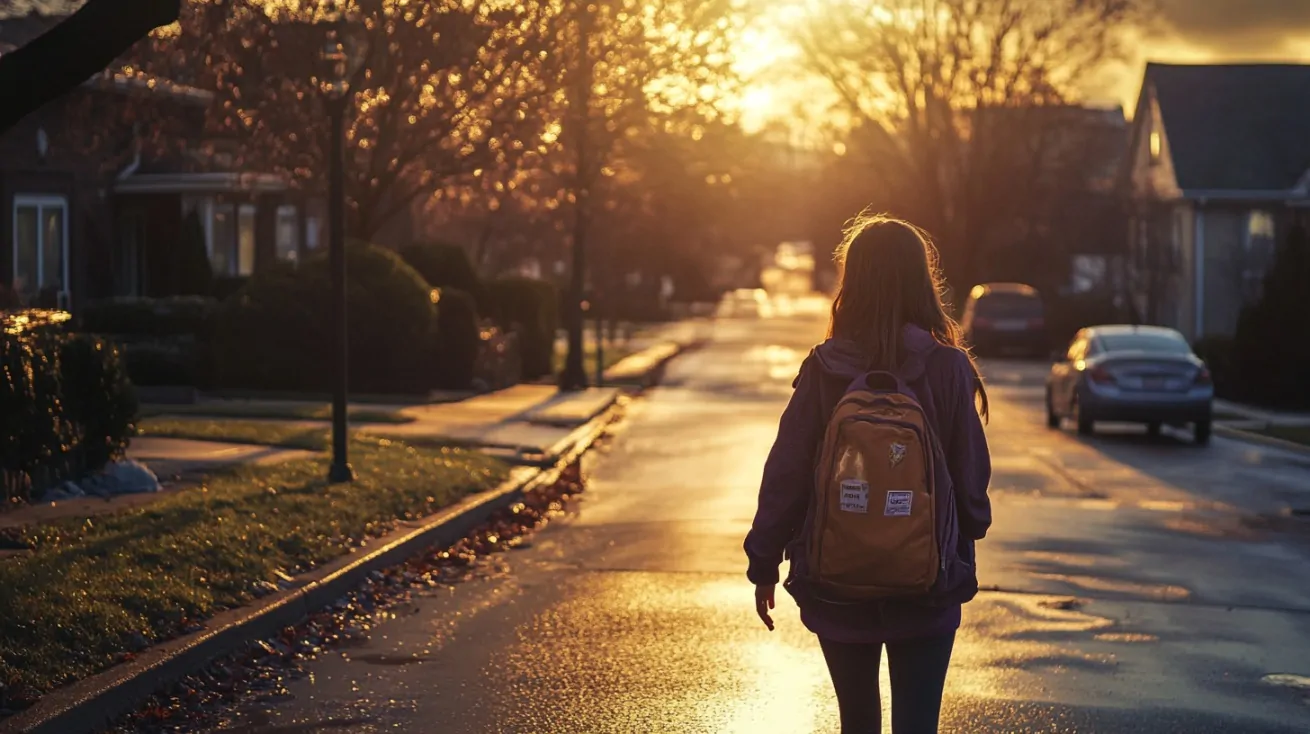A student walking alone on a suburban street at sunset with a backpack, representing the age-to-grade transition