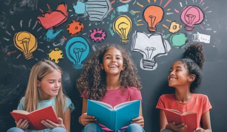 Three smiling children sit in front of a chalkboard filled with colorful lightbulb and book illustrations, reading and enjoying their books together
