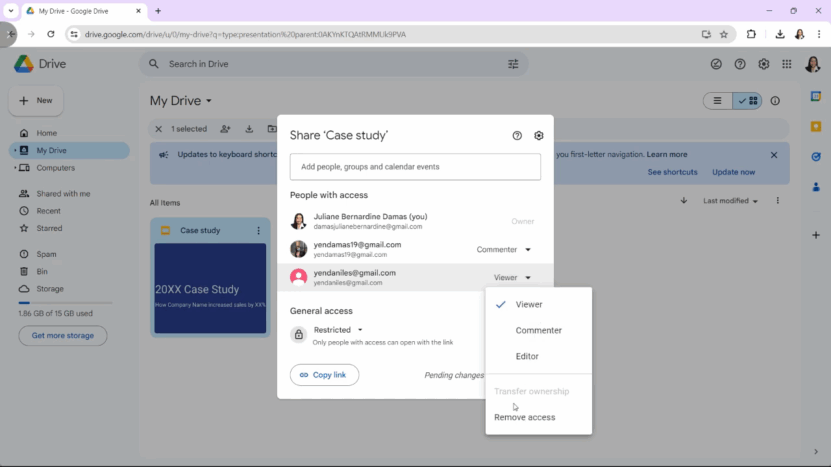Sharing settings in Google Drive showing how to assign viewer, commenter, or editor roles for a case study document