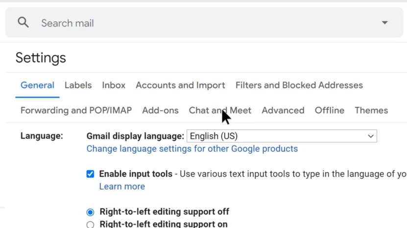 Gmail settings menu showing the "Chat and Meet" tab selected to manage communication features