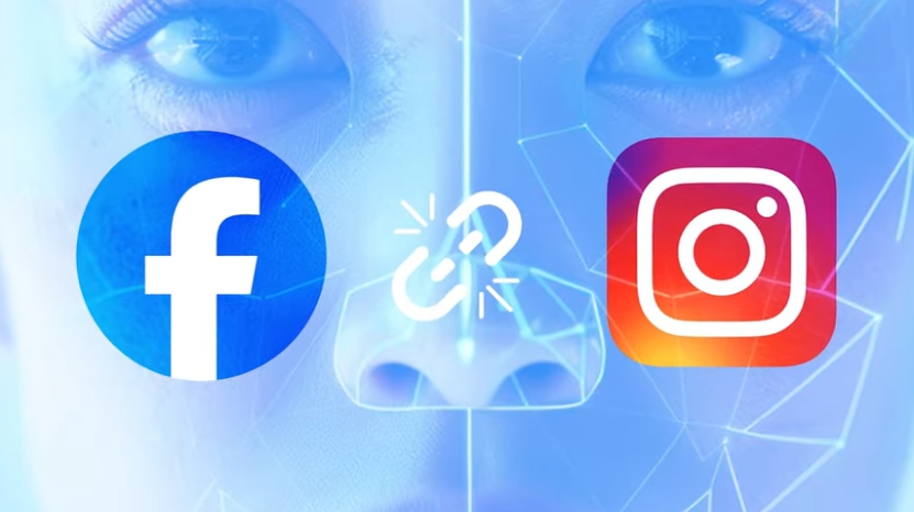 Facebook and Instagram logos over a face scan background, showing how the Take It Down Law forces platforms to remove harmful content