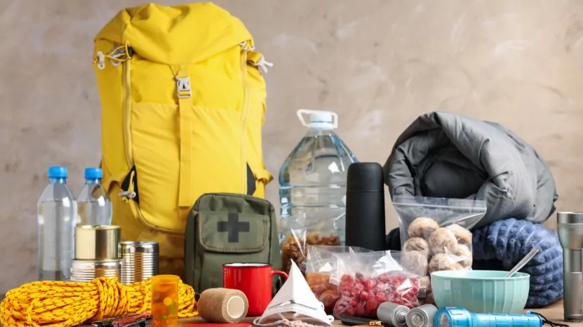 Emergency supplies including water, food, first aid kit, flashlight, rope, and sleeping bag arranged with a yellow backpack