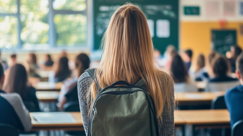 High school student with a backpack standing in a classroom full of seated students, facing a chalkboard