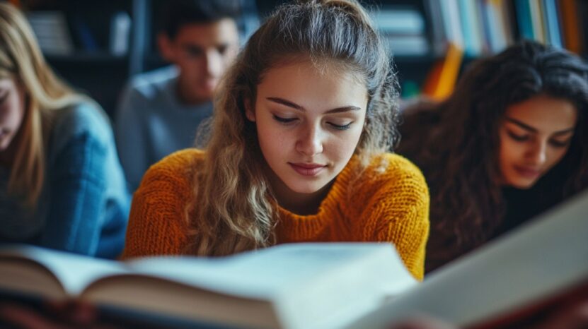 Teenage student in a yellow sweater focused on reading a book in a classroom or library setting, surrounded by peers