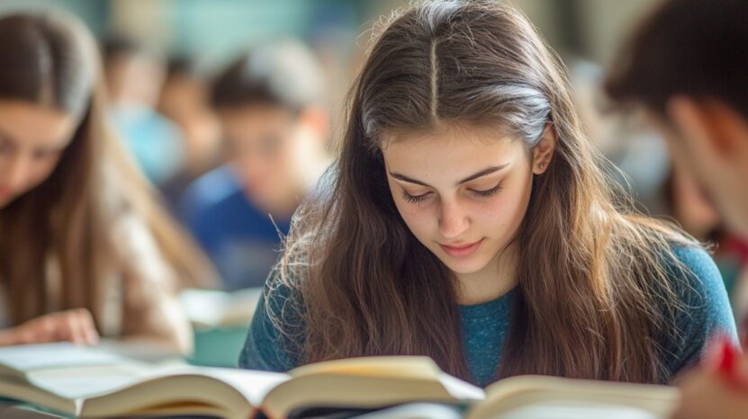Teenage student reading attentively in a classroom filled with other students, all engaged with their books