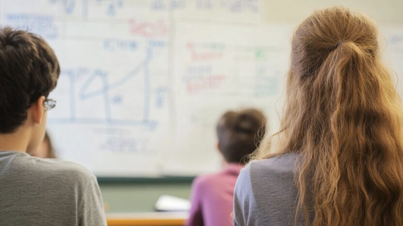 Students viewed from behind in a classroom focused on a whiteboard filled with charts and mathematical notes