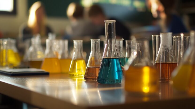 Colorful beakers and flasks filled with liquids on a classroom lab table, with students working in the blurred background