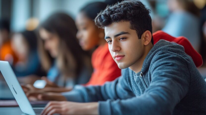 Teenage student in a gray hoodie working on a laptop in a classroom with other students focused in the background