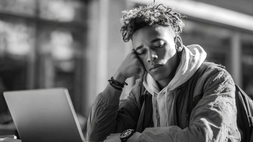 Black and white image of a tired student resting their head on their hand beside a laptop, looking fatigued