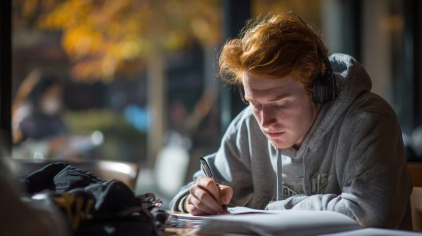 Student in a hoodie wearing headphones, studying intently at a desk with a notebook
