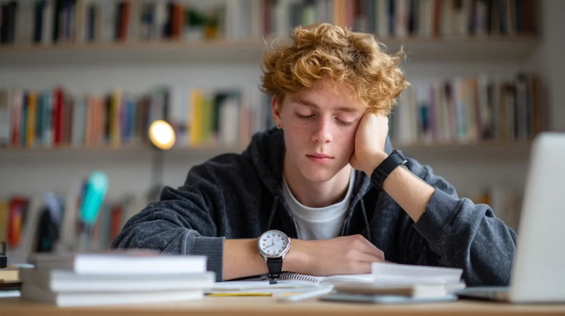 Tired student with closed eyes leaning on hand at a study desk surrounded by books and a laptop