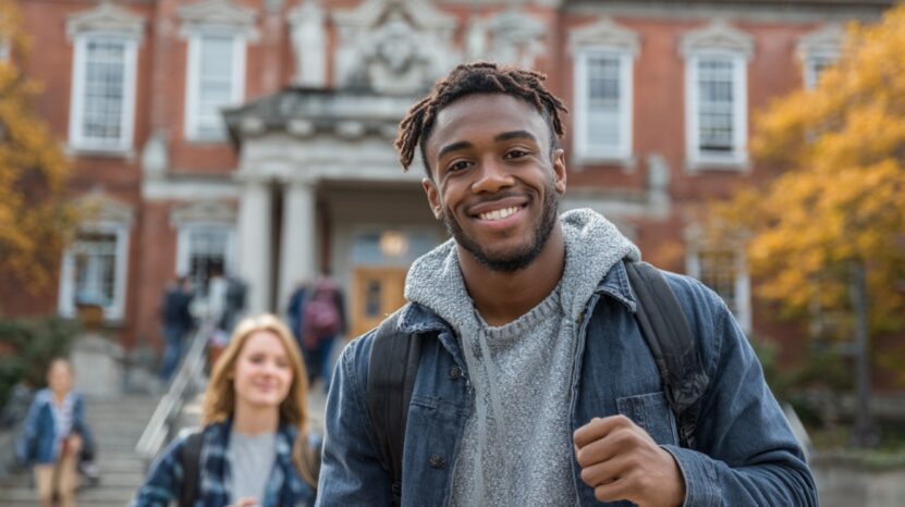 Smiling college student with a backpack standing in front of a campus building