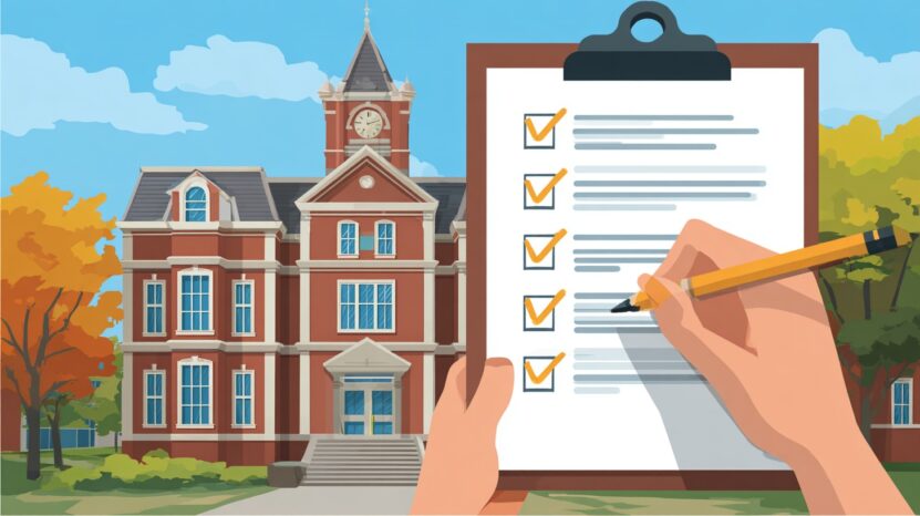 Illustration of a person holding a checklist in front of a red brick college building