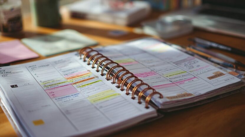 Open spiral-bound paper planner with color-coded notes and a weekly layout, lying on a desk with pens and stationery