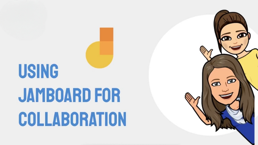 Two illustrated teachers wave next to the Google Jamboard logo with the text “Using Jamboard for Collaboration”