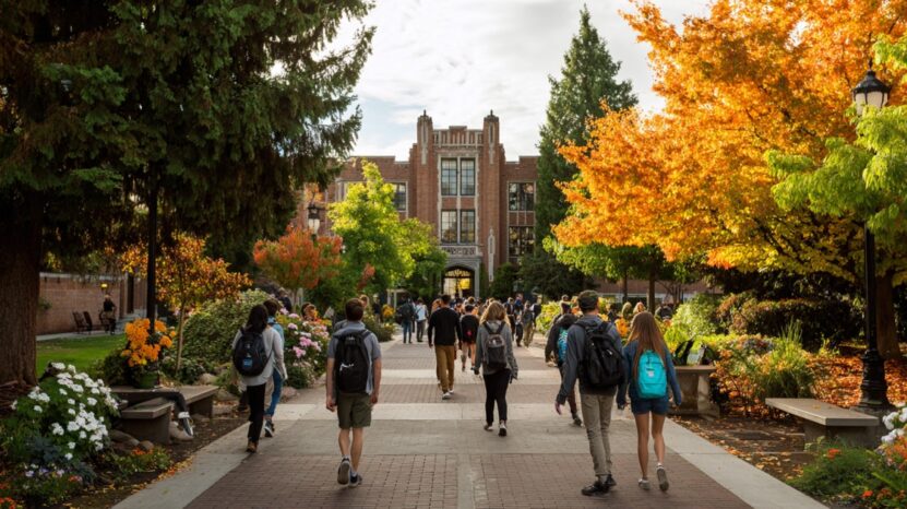 Students walking along a tree-lined path toward a college building on a sunny fall day