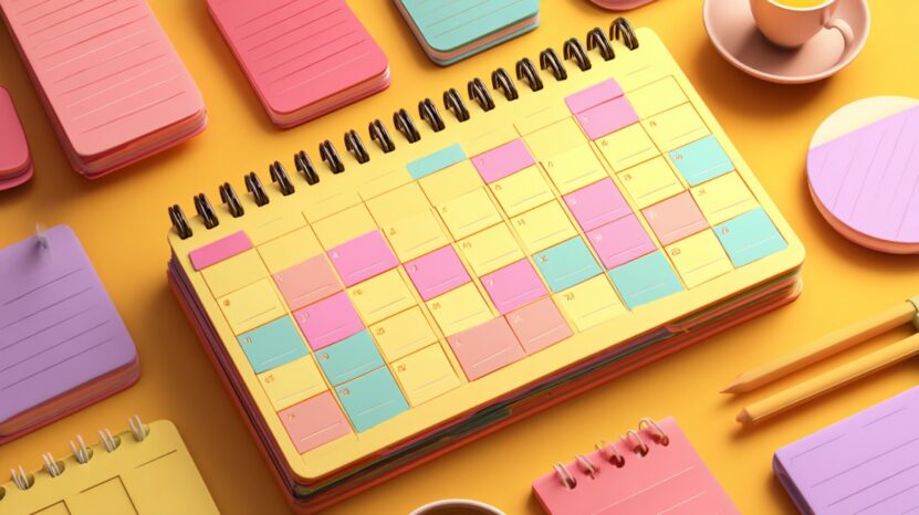 Spiral-bound calendar with colorful sticky notes on each day, surrounded by notepads, pencils, and a coffee cup on a yellow desk