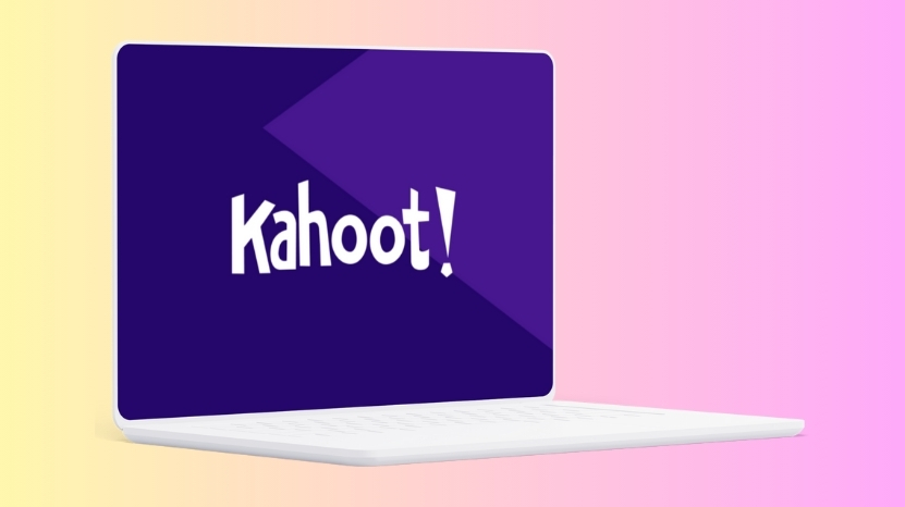 A laptop screen displays the Kahoot! logo, showing a tool used to create interactive quizzes