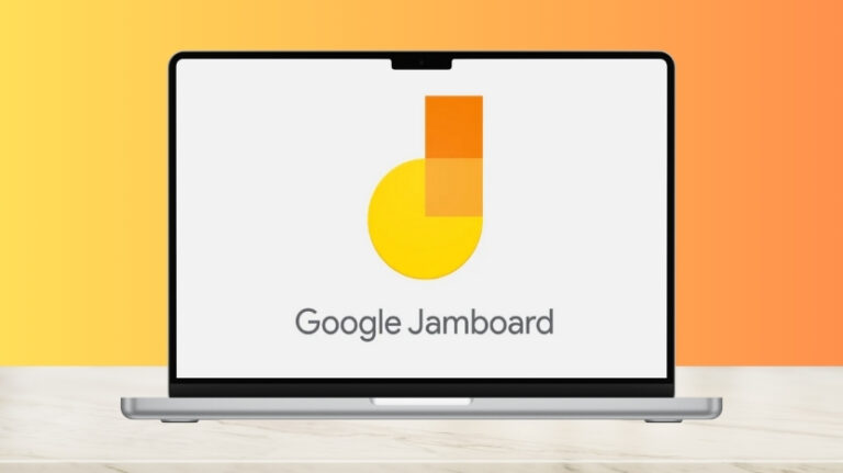 A laptop screen displays the Google Jamboard logo on a white background with an orange gradient backdrop
