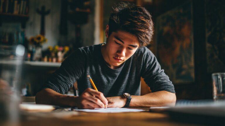 Focused student writing a college application personal statement at a desk.
