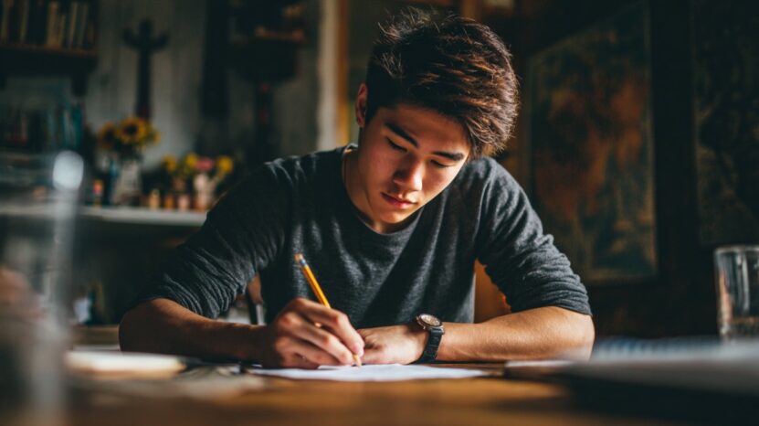 Focused student writing a college application personal statement at a desk.