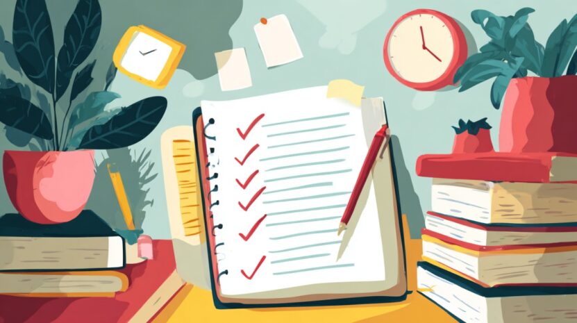 Illustration of a checklist notebook with red checkmarks, surrounded by books, plants, and clocks