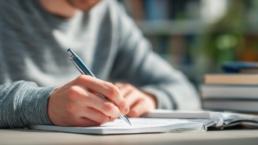 Student writing in a notebook at a desk, surrounded by books, focusing on developing the main content of a personal statement