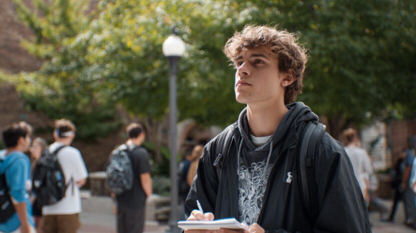 Student taking notes while observing a college campus during a visit
