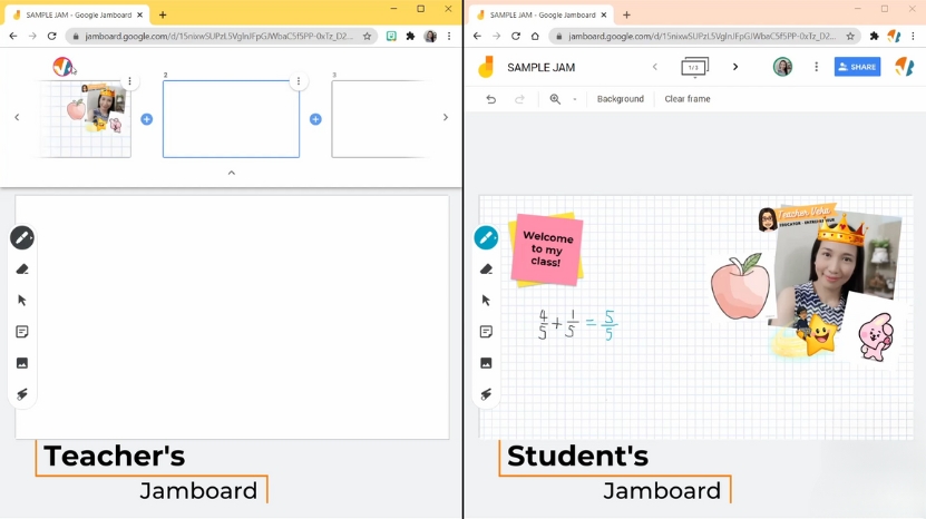 A teacher’s Google Jamboard shows blank frames while a student’s Jamboard displays drawings, notes, and a teacher’s photo