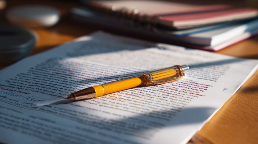 A yellow pen rests on a heavily edited personal statement draft with red and blue markings