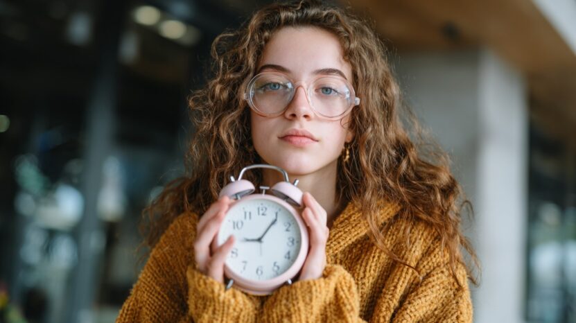Young woman wearing glasses and a cozy sweater holding a pink analog alarm clock, symbolizing time management and scheduling