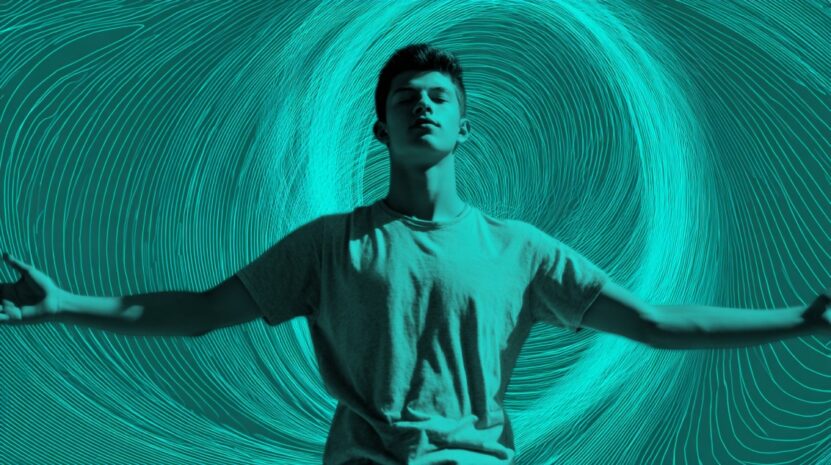 Teen boy with eyes closed and arms outstretched, surrounded by swirling energy lines in a teal background